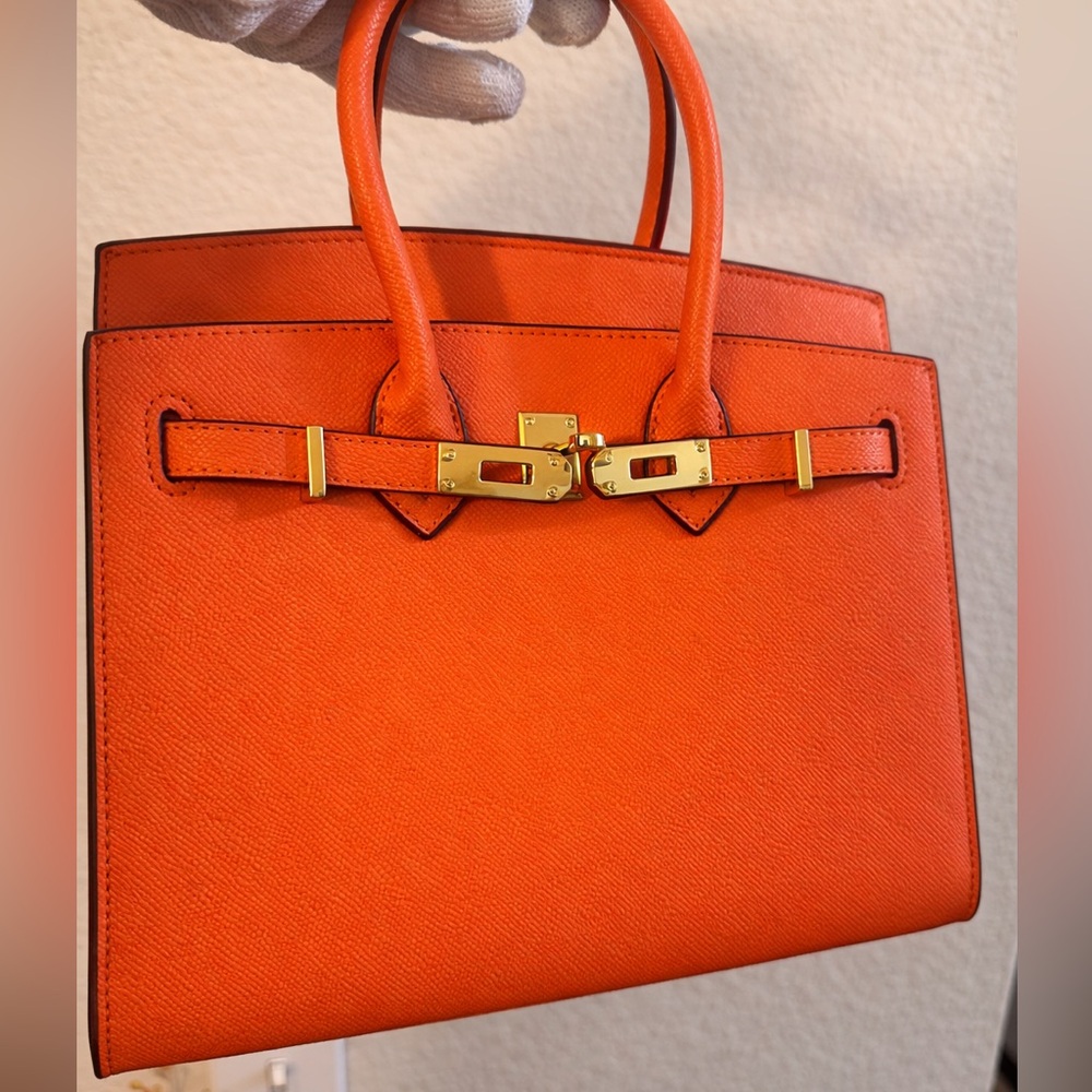Orange Top Handle Leather Handbag with Gold Hardware - Picture 7 of 9
